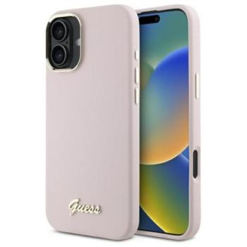 Guess Silicone Script Metal Logo &amp; Frame iPhone 16 hátlap tok, rózsaszín GUHCP16SSMBSLP kép