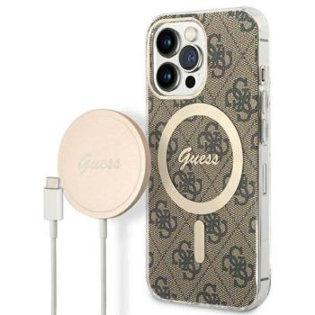 Guess tok+ töltő iPhone 13 Pro barna 4G Print MagSafe keménytok kép