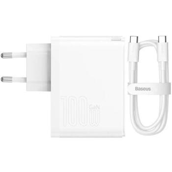 Hálózati töltő adapter, 100W, USB aljzat, USB Type-C aljzat, USB Type-C - USB Type-C kábellel, gyorstöltés, PD 3.0, QC 4.0, GaN5, Baseus GaN5 Pro, fehér kép