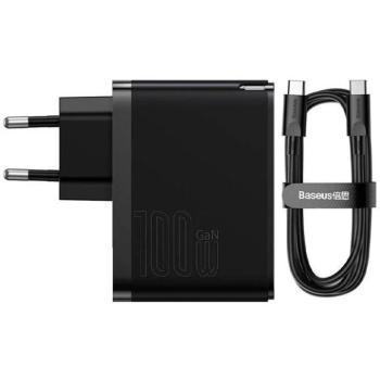Hálózati töltő adapter, 100W, USB aljzat, USB Type-C aljzat, USB Type-C - USB Type-C kábellel, gyorstöltés, PD 3.0, QC 4.0, GaN5, Baseus GaN5 Pro, fekete kép