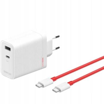 Hálózati töltő adapter, 120W, USB aljzat, USB Type-C aljzat, USB Type-C - USB Type-C kábellel, gyorstöltés, PD, QC, PPS, GaN, OnePlus SuperVooc, fehér, gyári kép