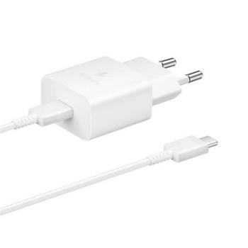 Hálózati töltő adapter, 15W, USB Type-C aljzat, USB Type-C kábellel, PD, gyorstöltés, Samsung, fehér, gyári kép