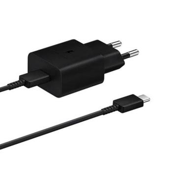 Hálózati töltő adapter, 15W, USB Type-C aljzat, USB Type-C kábellel, PD, gyorstöltés, Samsung, fekete, gyári kép
