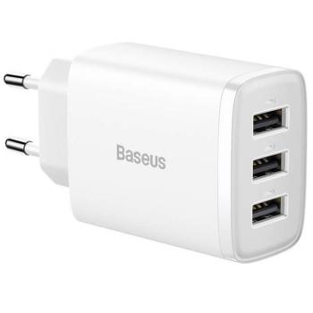 Hálózati töltő adapter, 17W, 3 x USB aljzat, gyorstöltés, Baseus Compact, fehér kép