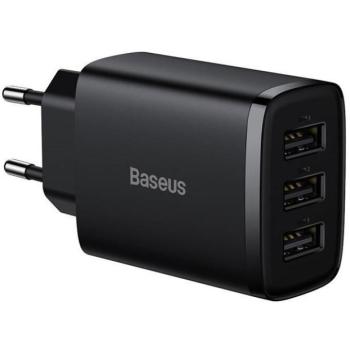 Hálózati töltő adapter, 17W, 3 x USB aljzat, gyorstöltés, Baseus Compact, fekete kép