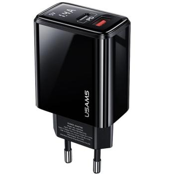 Hálózati töltő adapter, 20W, USB aljzat, USB Type-C aljzat, gyorstöltés, PD, QC 3.0, Digitális töltés kijelzővel, Usams T40, fekete kép
