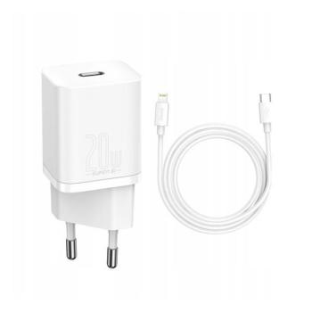 Hálózati töltő adapter, 20W, USB Type-C aljzat, USB Type-C - Lightning kábellel, gyorstöltés, PD, Baseus Si, fehér kép