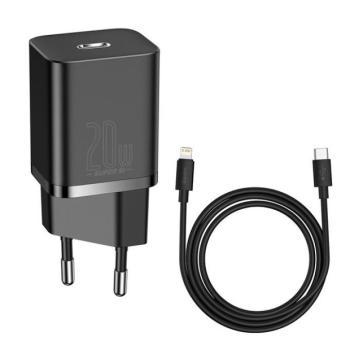 Hálózati töltő adapter, 20W, USB Type-C aljzat, USB Type-C - Lightning kábellel, gyorstöltés, PD, Baseus Si, fekete kép