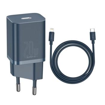 Hálózati töltő adapter, 20W, USB Type-C aljzat, USB Type-C - Lightning kábellel, gyorstöltés, PD, Baseus Si, kék kép