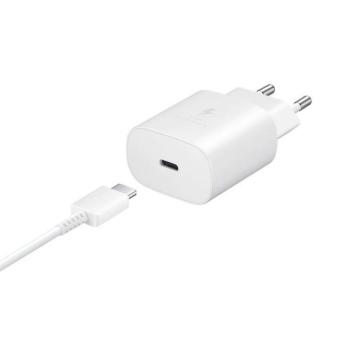 Hálózati töltő adapter, 25W, USB Type-C aljzat, USB Type-C kábellel, PD 3.0, PDO / PPS, gyorstöltés, Samsung, fehér, gyári kép