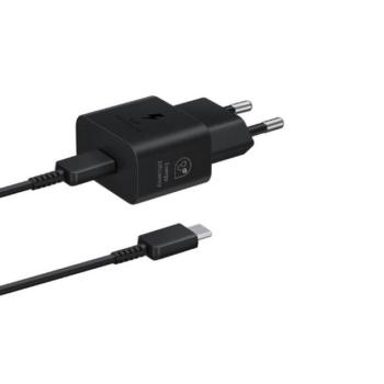 Hálózati töltő adapter, 25W, USB Type-C aljzat, USB Type-C - USB Type-C kábellel, PD, GaN, gyorstöltés, Samsung, fekete, gyári kép