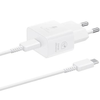 Hálózati töltő adapter, 25W, USB Type-C aljzat, USB Type-C - USB Type-C kábellel, PD, PDO / PPS, GaN, gyorstöltés, Samsung, fehér, gyári kép