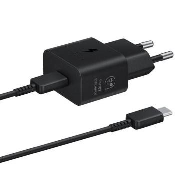 Hálózati töltő adapter, 25W, USB Type-C aljzat, USB Type-C - USB Type-C kábellel, PD, PDO / PPS, GaN, gyorstöltés, Samsung, fekete, gyári kép