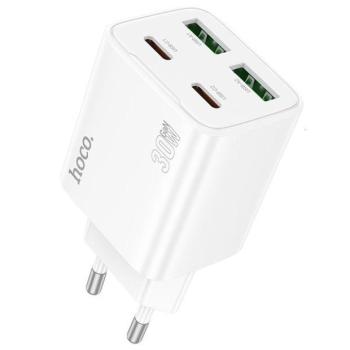 Hálózati töltő adapter, 30W, 2 x USB aljzat, 2 x USB Type-C aljzat, gyorstöltés, PD, GaN, QC 3.0, Hoco N56 Fundador, fehér kép
