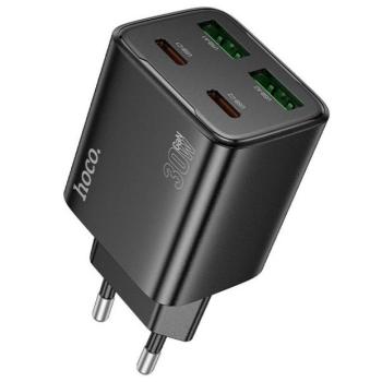 Hálózati töltő adapter, 30W, 2 x USB aljzat, 2 x USB Type-C aljzat, gyorstöltés, PD, GaN, QC 3.0, Hoco N56 Fundador, fekete kép