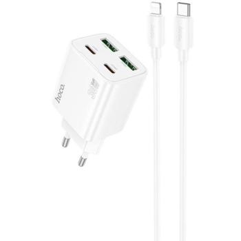 Hálózati töltő adapter, 30W, 2 x USB aljzat, 2 x USB Type-C aljzat, USB Type-C - Lightning kábellel, gyorstöltés, PD, GaN, QC 3.0, Hoco N56 Fundador, fehér kép