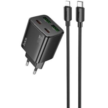 Hálózati töltő adapter, 30W, 2 x USB aljzat, 2 x USB Type-C aljzat, USB Type-C - Lightning kábellel, gyorstöltés, PD, GaN, QC 3.0, Hoco N56 Fundador, fekete kép