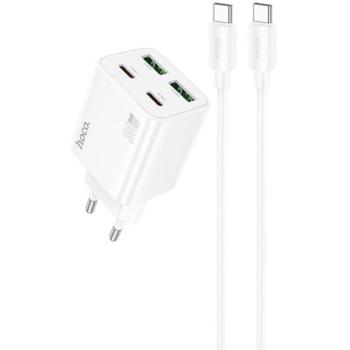 Hálózati töltő adapter, 30W, 2 x USB aljzat, 2 x USB Type-C aljzat, USB Type-C - USB Type-C kábellel, gyorstöltés, PD, GaN, QC 3.0, Hoco N56 Fundador, fehér kép