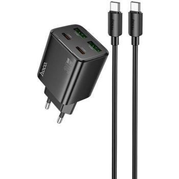 Hálózati töltő adapter, 30W, 2 x USB aljzat, 2 x USB Type-C aljzat, USB Type-C - USB Type-C kábellel, gyorstöltés, PD, GaN, QC 3.0, Hoco N56 Fundador, fekete kép