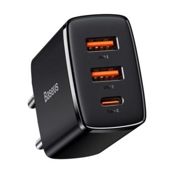 Hálózati töltő adapter, 30W, 2 x USB aljzat, USB Type-C aljzat, gyorstöltés, PD 3.0, QC 3.0, Baseus Compact, fekete kép
