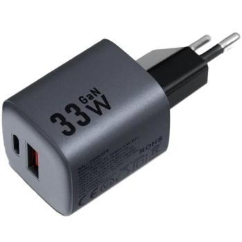 Hálózati töltő adapter, 33W, USB aljzat, USB Type-C aljzat, gyorstöltés, PD, GaN, QC 4.0, Forcell F-Energy VT-31, szürke kép