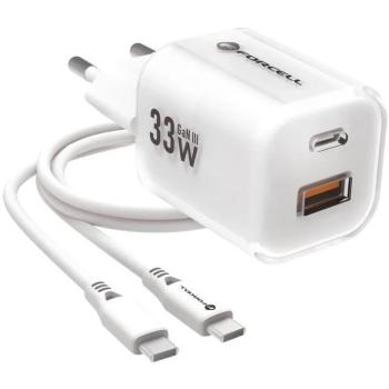 Hálózati töltő adapter, 33W, USB aljzat, USB Type-C aljzat, USB Type-C - USB Type-C kábellel, gyorstöltés, PD, GaN3, QC 4.0, Forcell F-Energy Crystal Colour VT-41, fehér kép