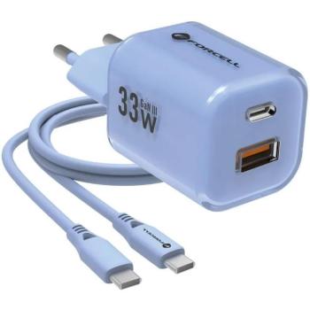 Hálózati töltő adapter, 33W, USB aljzat, USB Type-C aljzat, USB Type-C - USB Type-C kábellel, gyorstöltés, PD, GaN3, QC 4.0, Forcell F-Energy Crystal Colour VT-41, kék kép