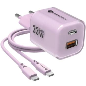 Hálózati töltő adapter, 33W, USB aljzat, USB Type-C aljzat, USB Type-C - USB Type-C kábellel, gyorstöltés, PD, GaN3, QC 4.0, Forcell F-Energy Crystal Colour VT-41, lila kép