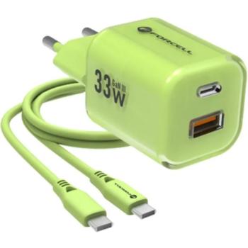 Hálózati töltő adapter, 33W, USB aljzat, USB Type-C aljzat, USB Type-C - USB Type-C kábellel, gyorstöltés, PD, GaN3, QC 4.0, Forcell F-Energy Crystal Colour VT-41, zöld kép