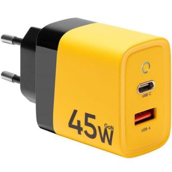 Hálózati töltő adapter, 45W, USB aljzat, USB Type-C aljzat, gyorstöltés, PD 3.0, QC 3.0, PPS, AFC, GaN, Tactical Microgrid GaN, sárga kép