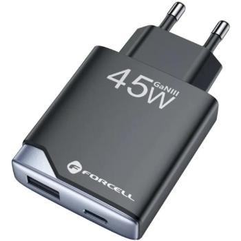 Hálózati töltő adapter, 45W, USB aljzat, USB Type-C aljzat, gyorstöltés, PD, QC 4.0, GaN, Forcell F-Energy GaN III B245202, fekete kép