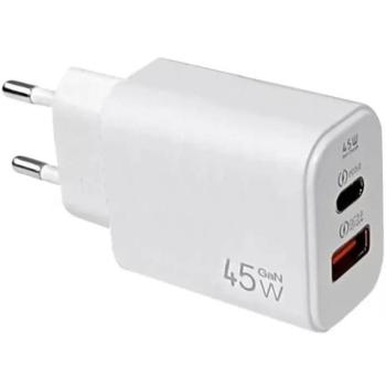 Hálózati töltő adapter, 45W, USB aljzat, USB Type-C aljzat, gyorstöltés, PD, QC, GaN, fehér kép
