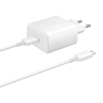 Hálózati töltő adapter, 45W, USB Type-C aljzat, USB Type-C kábellel, PD 3.0, QC 2.0, gyorstöltés, Samsung, fehér, gyári kép