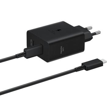Hálózati töltő adapter, 50W, 2 x USB Type-C aljzat, USB Type-C - USB Type-C kábellel, PD, PDO, PPS, gyorstöltés, Samsung, fekete, gyári kép