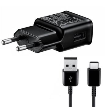 Hálózati töltő adapter, 5V / 2000mA, USB aljzat, USB Type-C kábellel, gyorstöltés, Samsung, fekete, gyári kép
