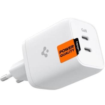 Hálózati töltő adapter, 65W, 2 x USB Type-C aljzat, gyorstöltés, PD, GaN, Spigen PowerArc PE2106, fehér kép
