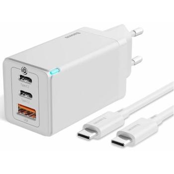 Hálózati töltő adapter, 65W, USB aljzat, 2 x USB Type-C aljzat, USB Type-C - USB Type-C kábellel, gyorstöltés, PD 3.0, QC 3.0, GaN5, Baseus GaN5 Pro, fehér kép