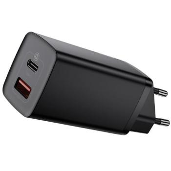 Hálózati töltő adapter, 65W, USB aljzat, USB Type-C aljzat, USB Type-C kábellel, gyorstöltés, PD 3.0, QC 3.0, Baseus, CCGAN2L-B01, fekete kép