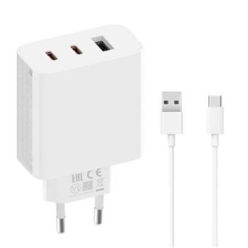 Hálózati töltő adapter, 67W, USB aljzat, 2 x USB Type-C aljzat, USB Type-C kábellel, gyorstöltés, PD, GaN, Xiaomi, fehér, gyári kép