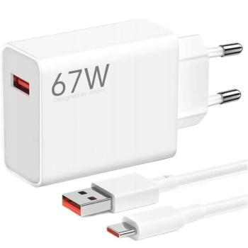 Hálózati töltő adapter, 67W, USB aljzat, USB Type-C kábellel, gyorstöltés, Xiaomi Hypercharge Combo, fehér, gyári kép