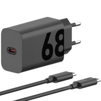 Hálózati töltő adapter, 68W, USB Type-C aljzat, USB Type-C - USB Type-C kábellel, PD, GaN, gyorstöltés, Motorola TurboPower, fekete, gyári kép
