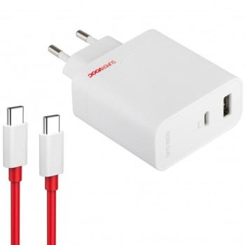 Hálózati töltő adapter, 80W, USB aljzat, USB Type-C aljzat, USB Type-C - USB Type-C kábellel, gyorstöltés, PD, QC, PPS, GaN, OnePlus SuperVooc, fehér, gyári kép