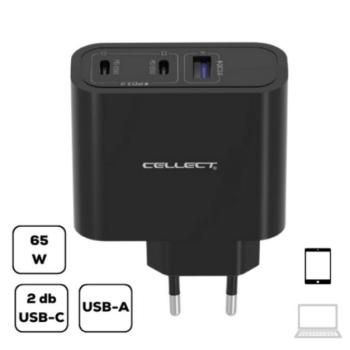 Hálózati töltő adapter gyorstöltő 2xUSB-C + USB-A, 65W, fekete kép