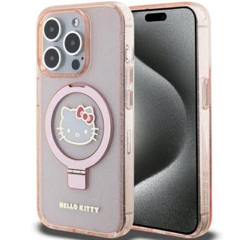 Hello Kitty HKHMP15LHRSGEP iPhone 15 Pro 6.1&quot; rózsaszín keménytok gyűrűs állvány Glitter Electrop Logo MagSafe kép