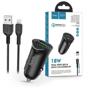 HOCO 2xUSB szivargyújtó töltő adapter + USB - Lightning kábel 1 m-es vezetékkel - HOCO Z39 Dual Port QC3.0 Quick Car Charger Set - 18W - fekete kép
