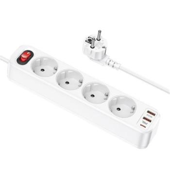 Hoco Aura NS1 power strip 4-bit elosztó aljzat + 2xUSB-AQC3.0 18W + USB-C PD 20W, fehér kép