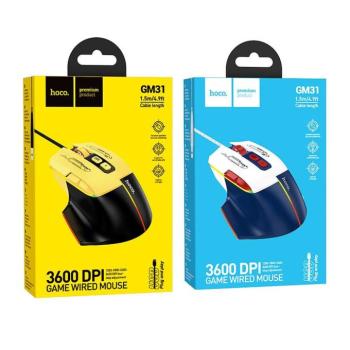HOCO gaming drót USB A számítógépes egér 3600DPI fekete sárga kép