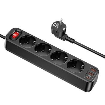 HOCO hálózati elosztó (4 AC aljzat / 2 USB / Type-C aljzat, 5V / 3A, PD gyorstöltés támogatás + 180cm tápkábel) FEKETE kép