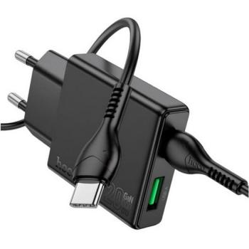 HOCO N38 hálózati töltő USB+Type-C aljzat (20W, PD gyorstöltő 3.0, vékony) FEKETE kép