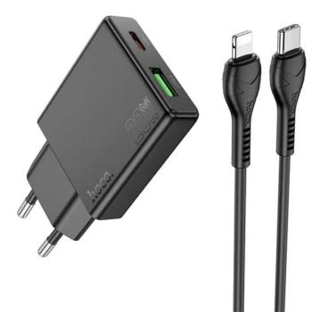 HOCO N38 hálózati töltő USB+Type-C aljzat (20W, PD gyorstöltő 3.0, vékony + lightning kábel) FEKETE kép